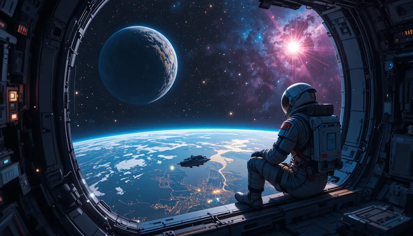 Astronaut Watching Earth From Space Station Window