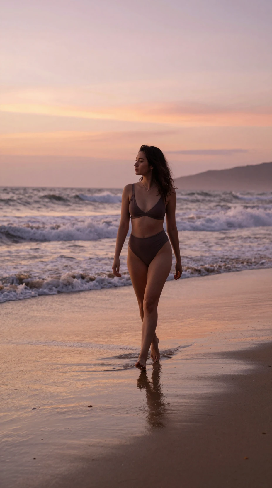 Mujer caminando por la orilla al atardecer