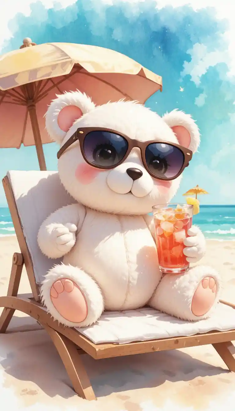 Adorable osito chibi relajándose en una tumbona de playa en verano
