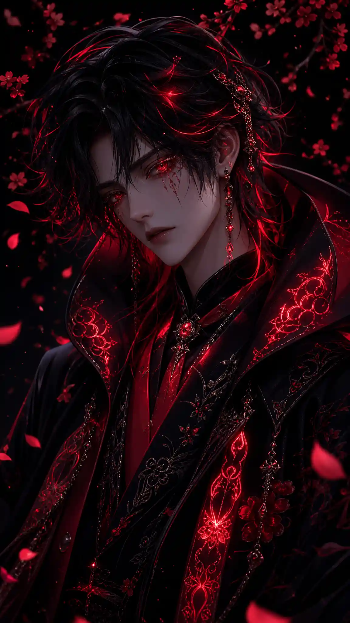 Hombre de anime apenado con ojos rojos brillantes y pétalos