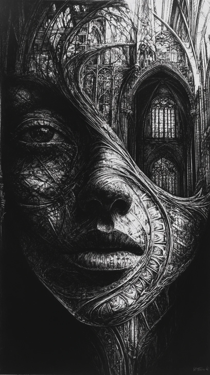 Human face opening into surreal cathedral like interior