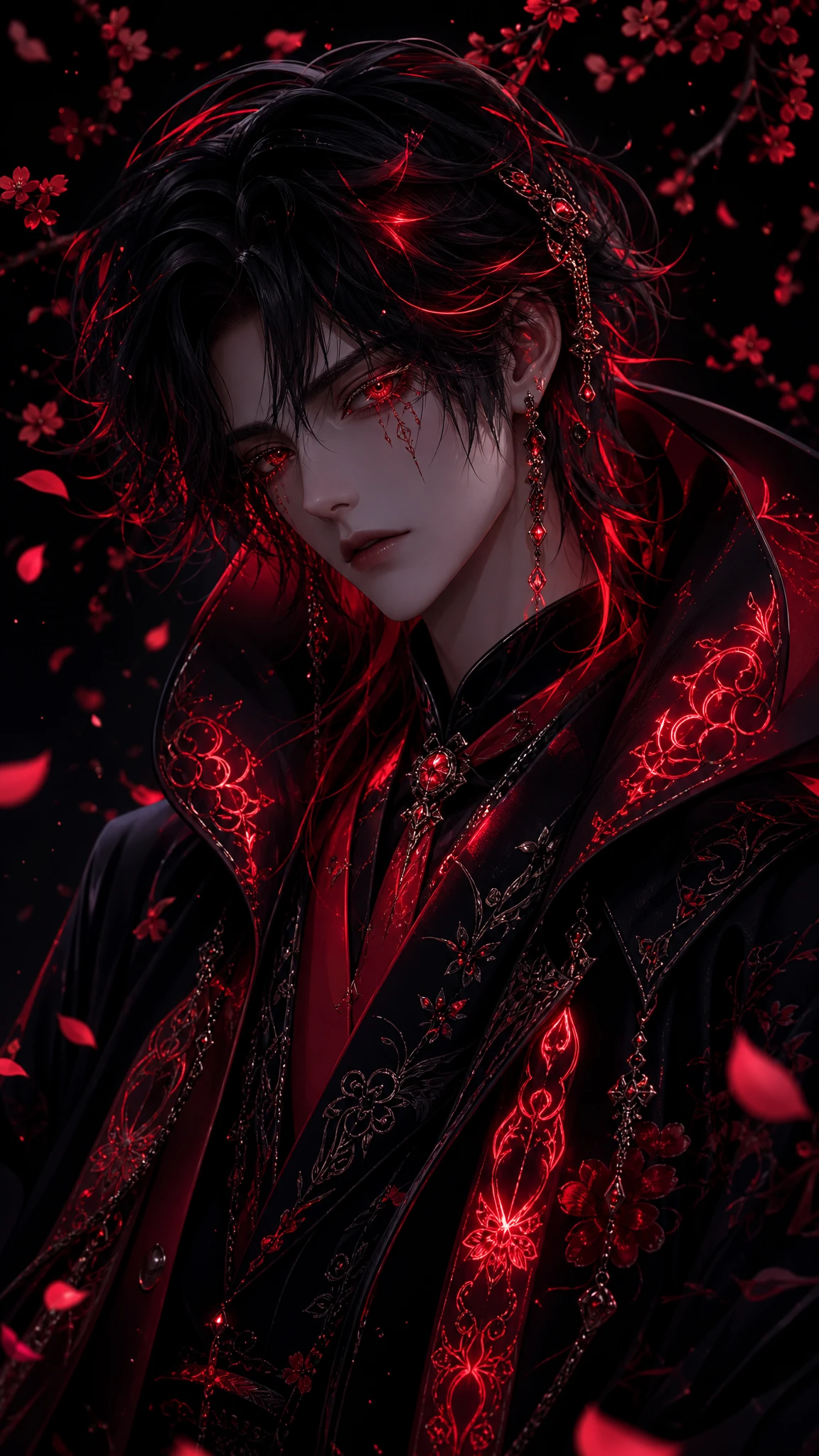 Sorrowful anime man with glowing red eyes and petals