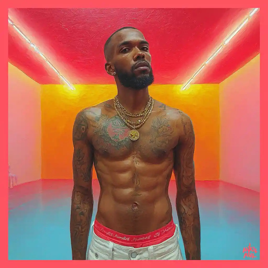 Confident male model in neon red and gold street scene