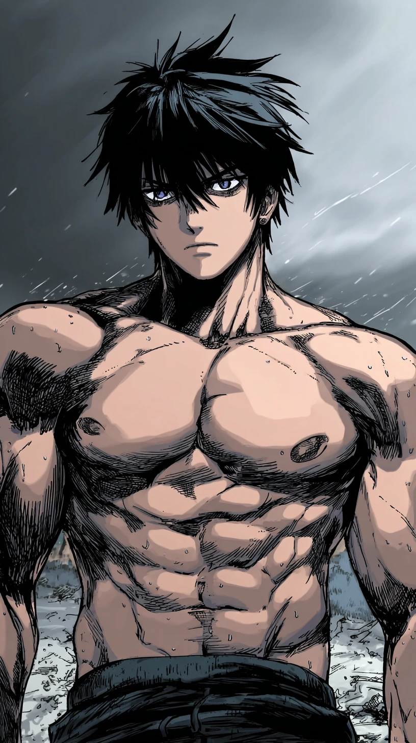 Muscular scarred man in stormy outdoor manhwa scene