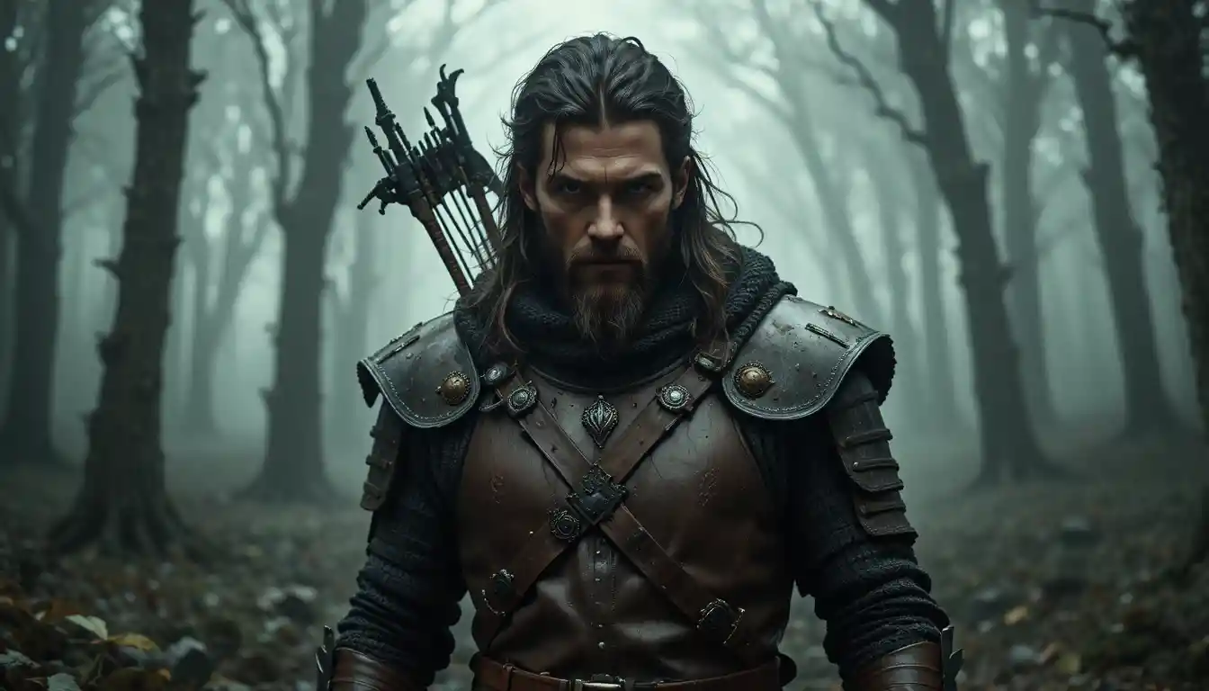 Medieval archer standing in a misty forest with eerie tension