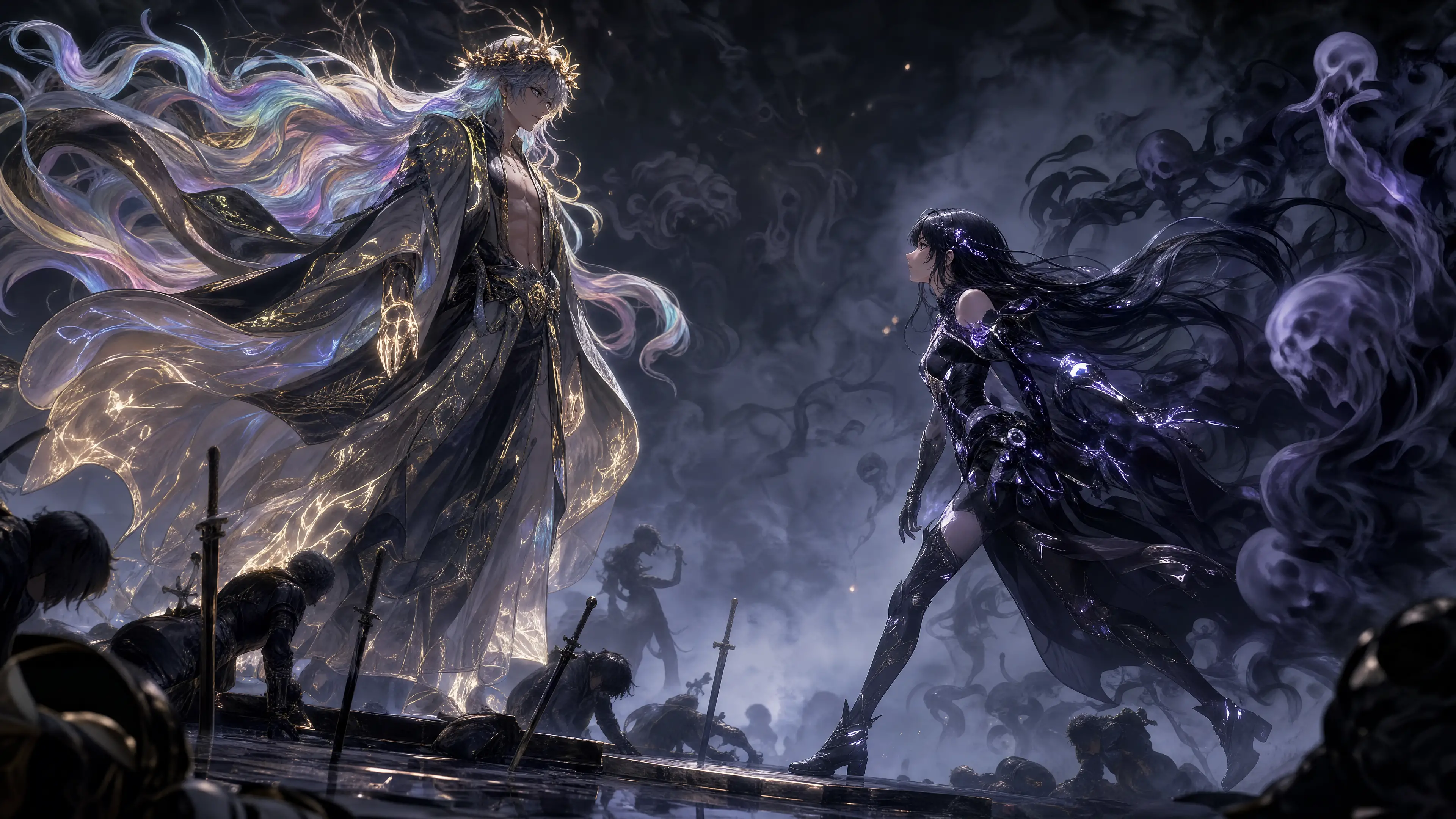 Regal anime man on sword strewn platform with glowing attire