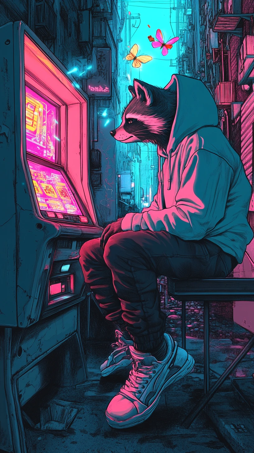 Raccoon hacker on neon arcade in dreamy cyberpunk alley