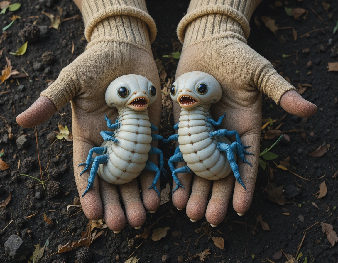 Gloved hands holding white grubs above dark garden soil