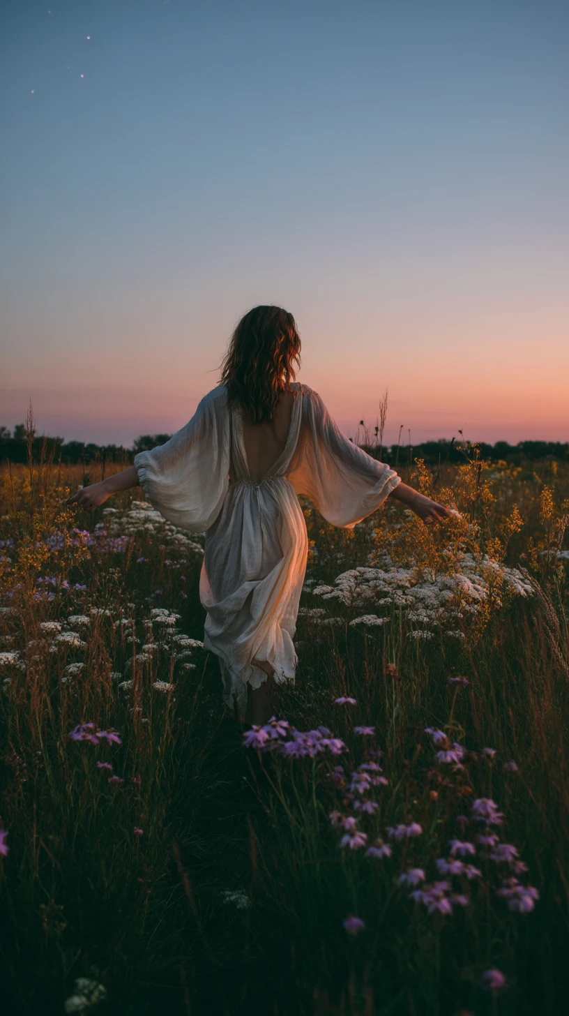 Mujer caminando por un campo de flores silvestres al atardecer