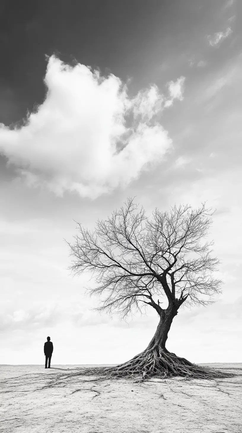 Albero solitario e figura distante in paesaggio minimalista monocromatico