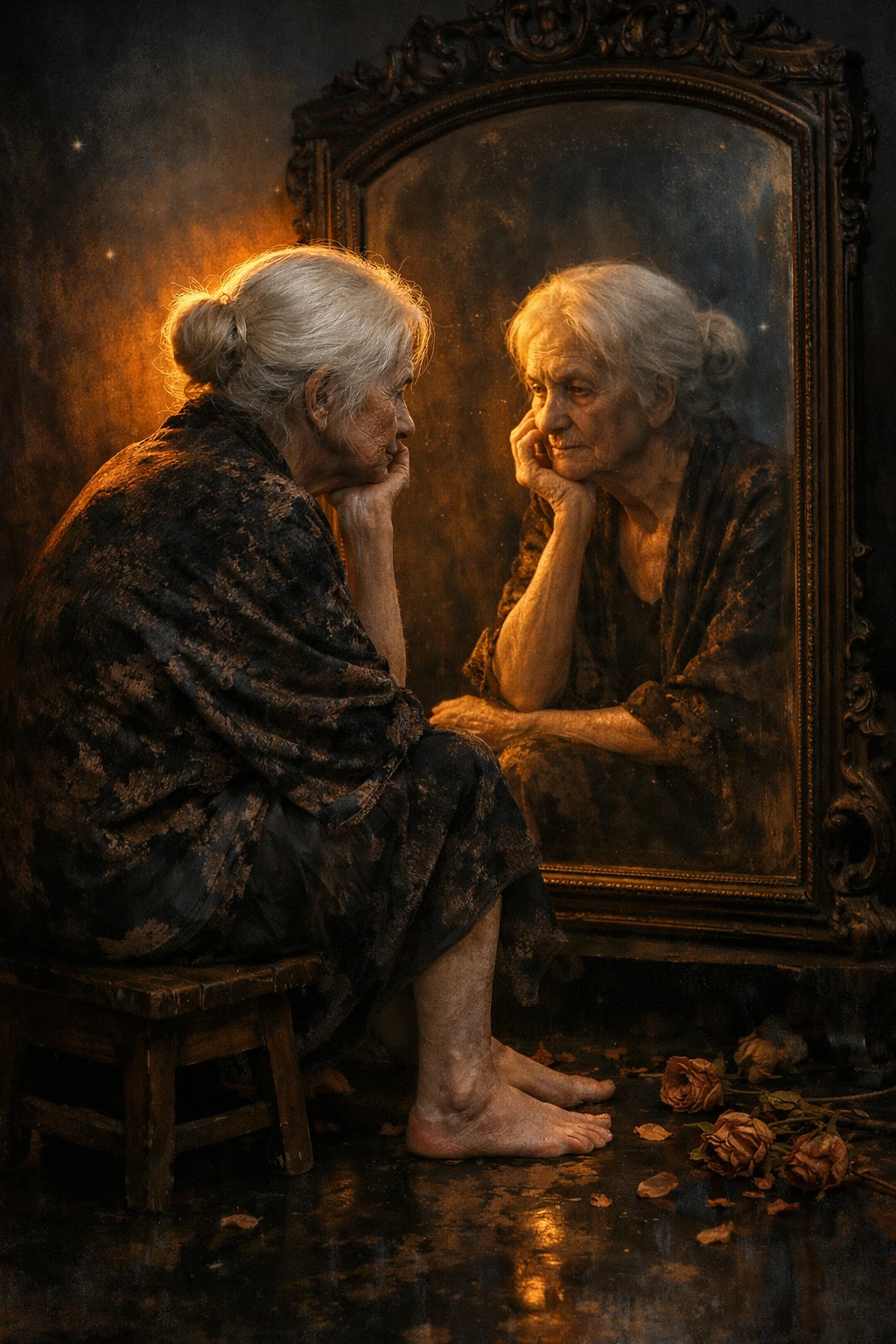 Elderly woman gazing into an antique mirror with roses