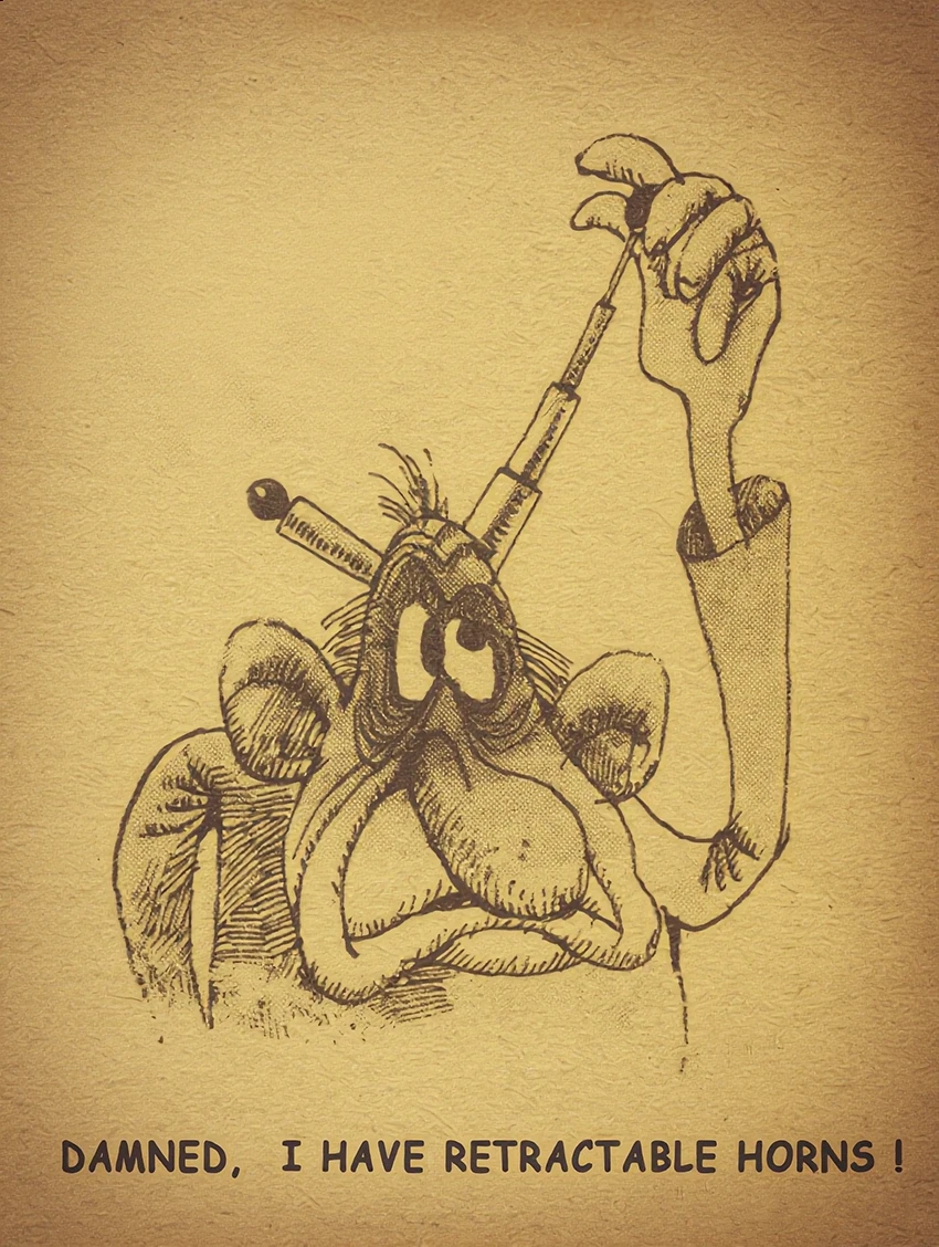 Cartoon Creature With Retractable Horns On Yellow Background