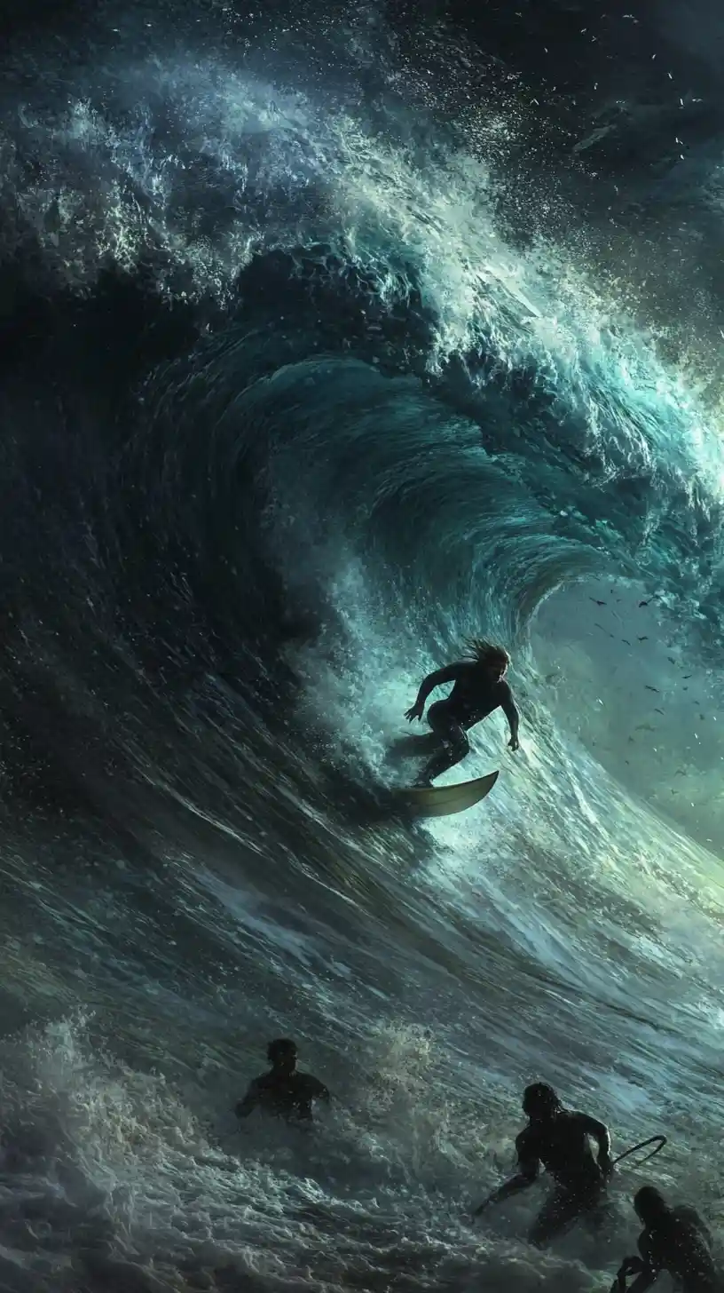 Man riding a powerful ocean wave with energetic motion