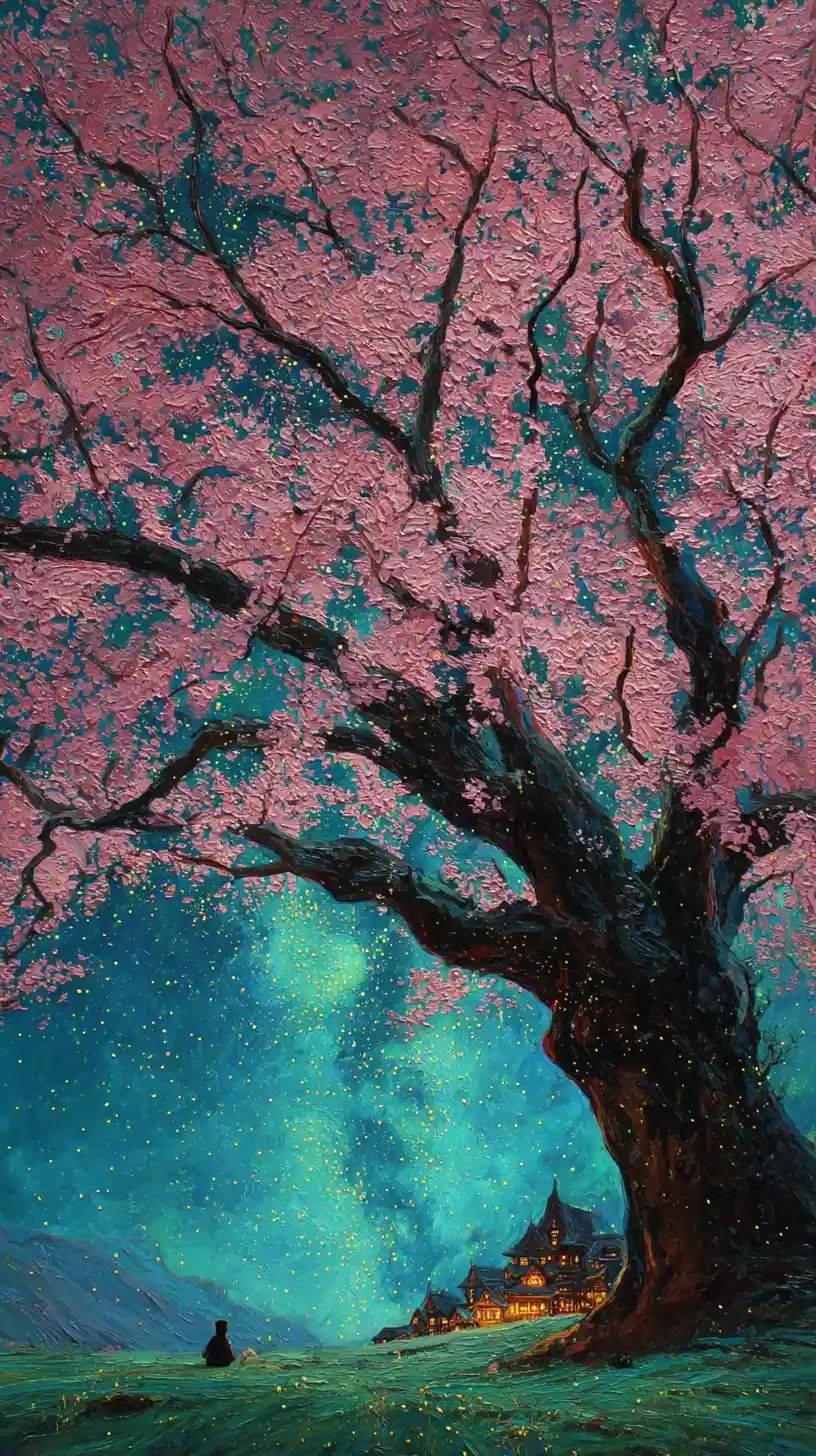 Ancient blossom tree towering above a peaceful night meadow