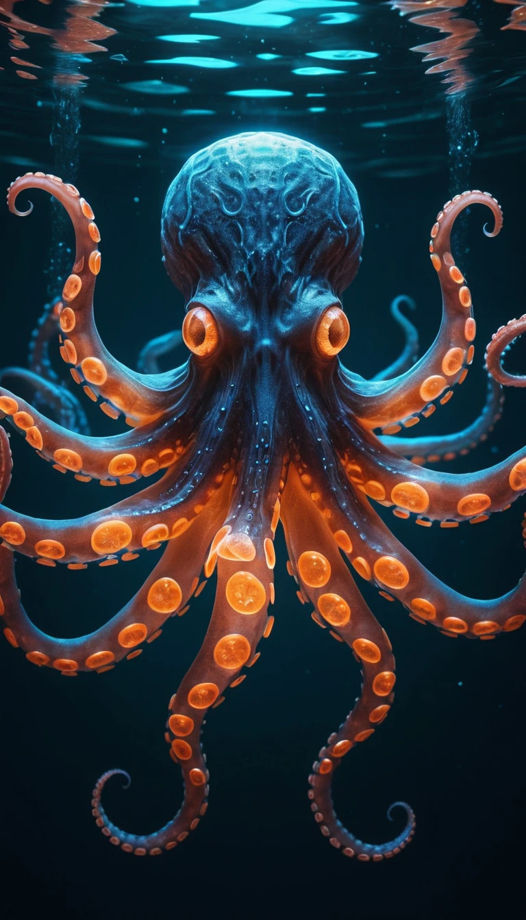 Futuristic biomechanical octopus anatomy glowing underwater