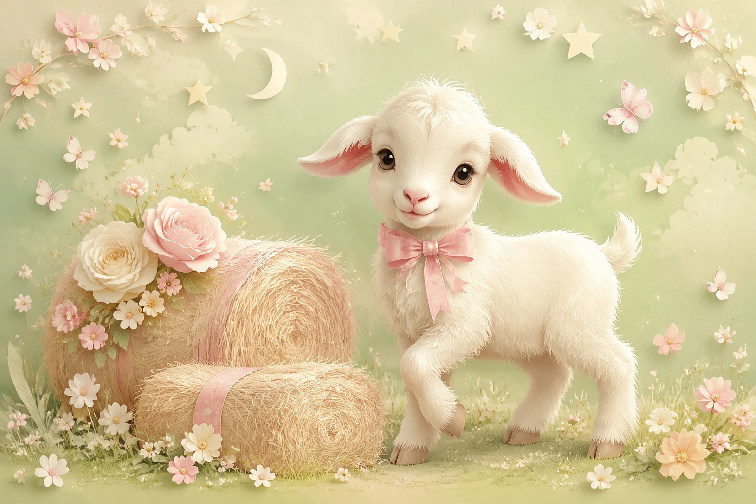 Cute baby goat illustration with pastel nursery background