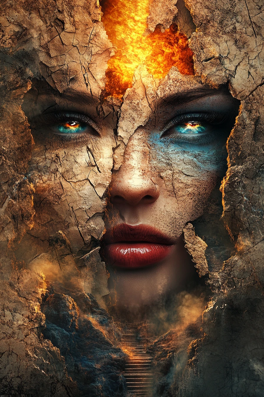 Surreal woman face merging with rocky dreamlike landscape