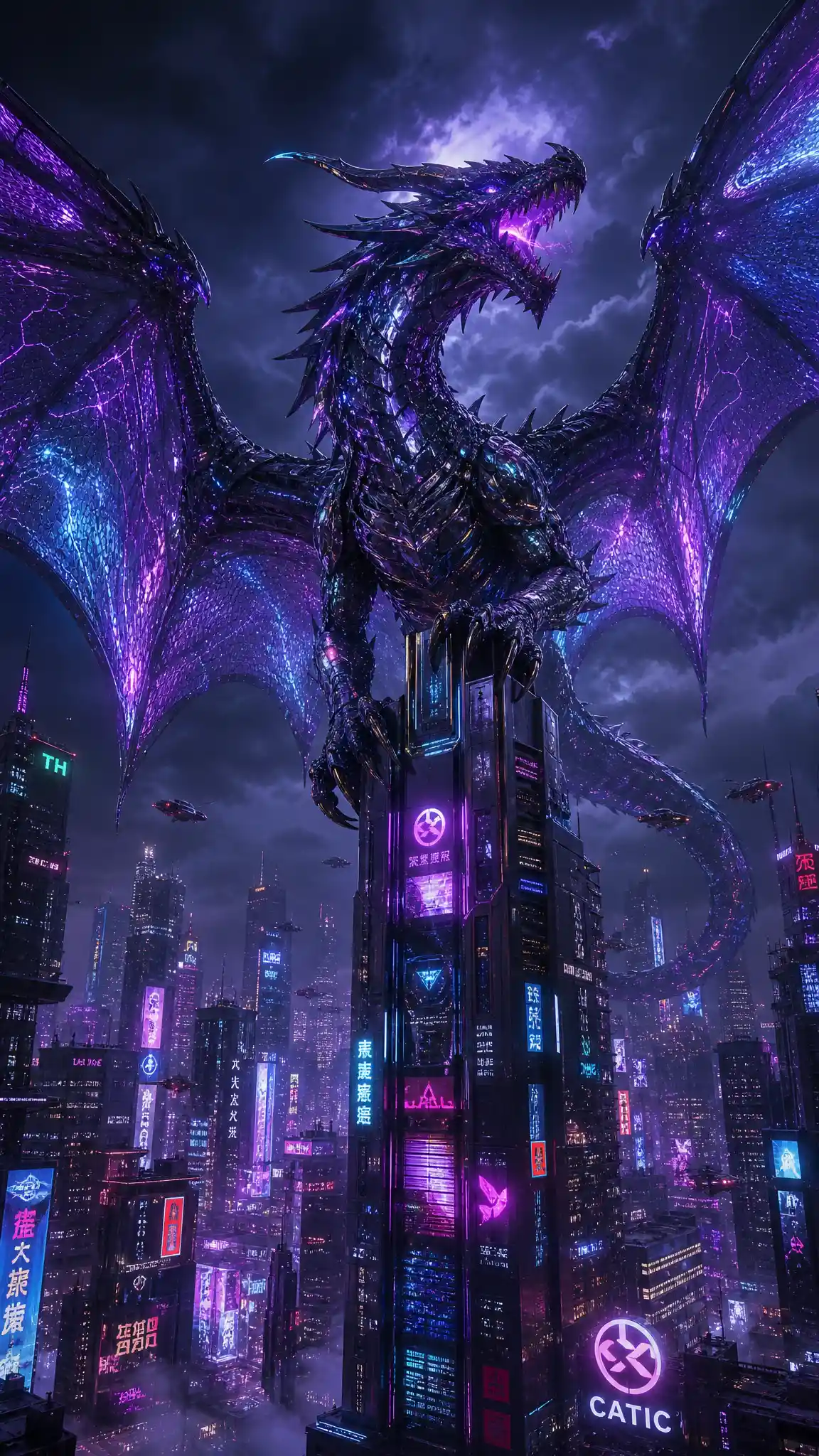 Cyberpunk dragon dominating a neon lit city skyline