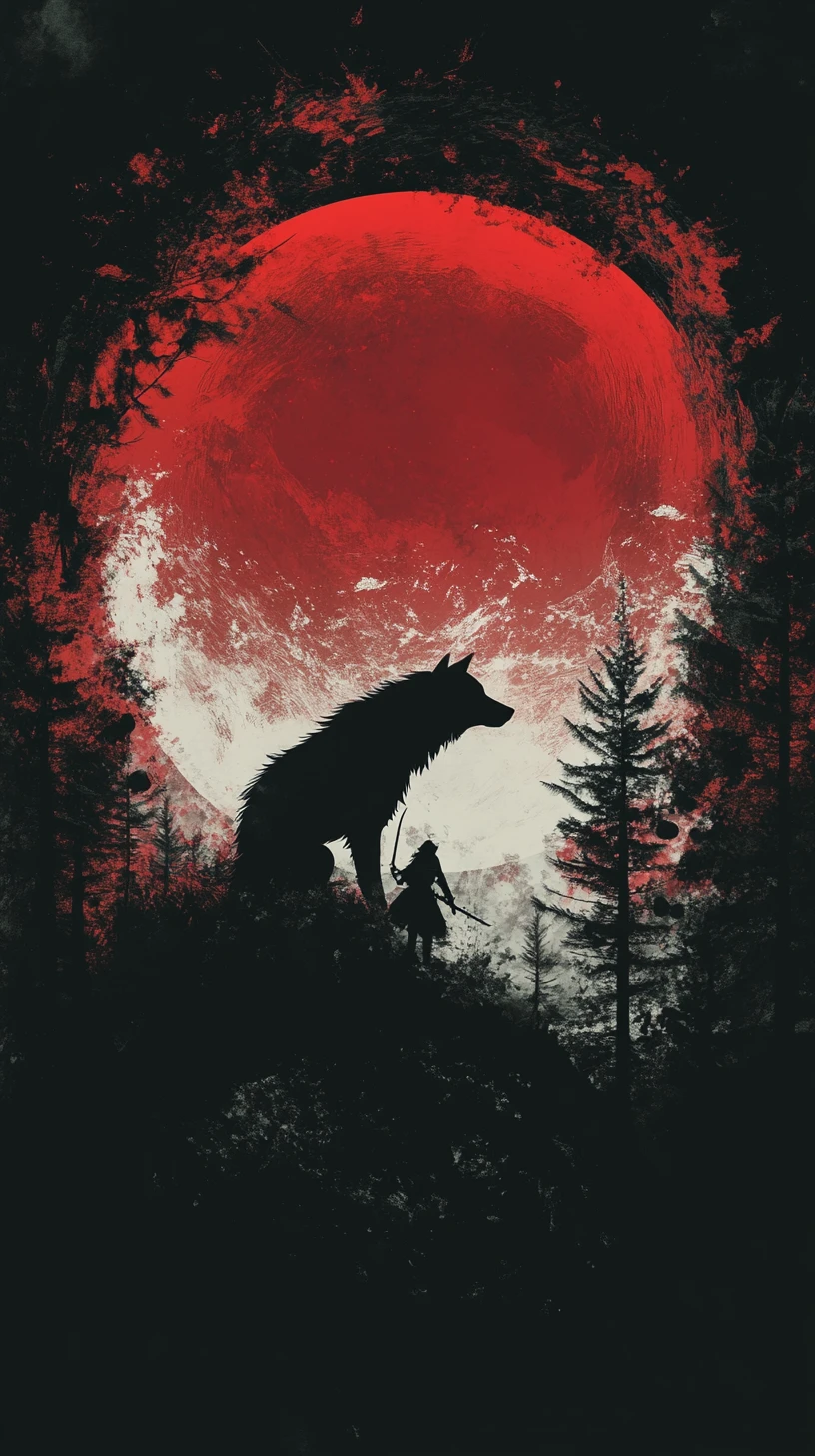 Wolf silhouette encircling a lone hunter in red moonlight
