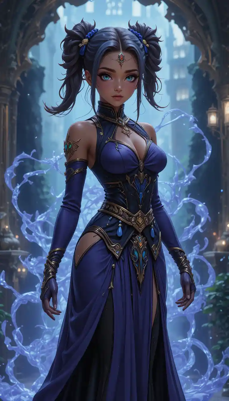 Anime witch woman with silver eyes in magic robe