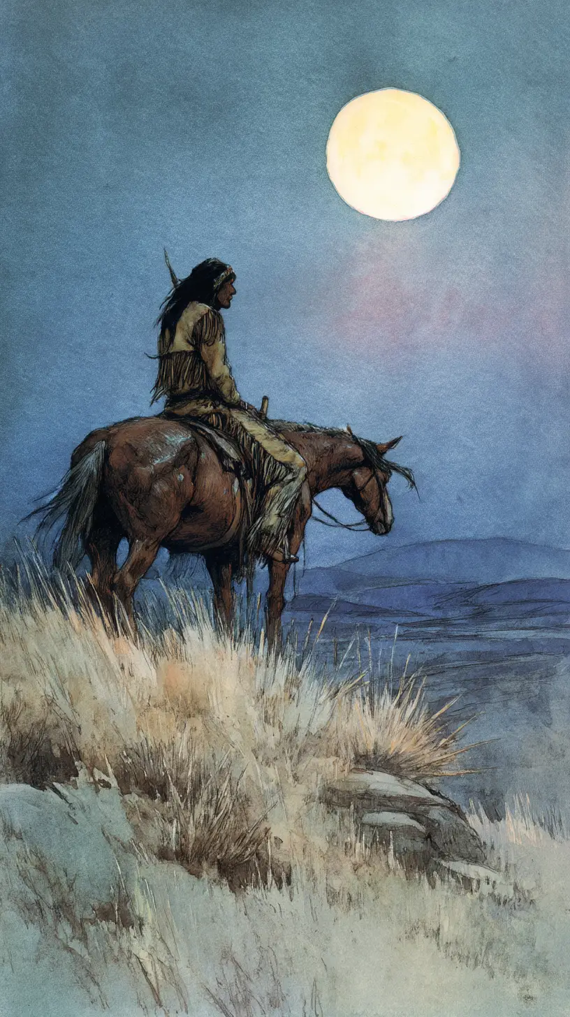 Native warrior on mustang under the full moon