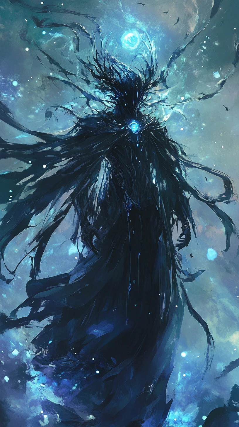 Anime midnight king standing within a surreal dream realm