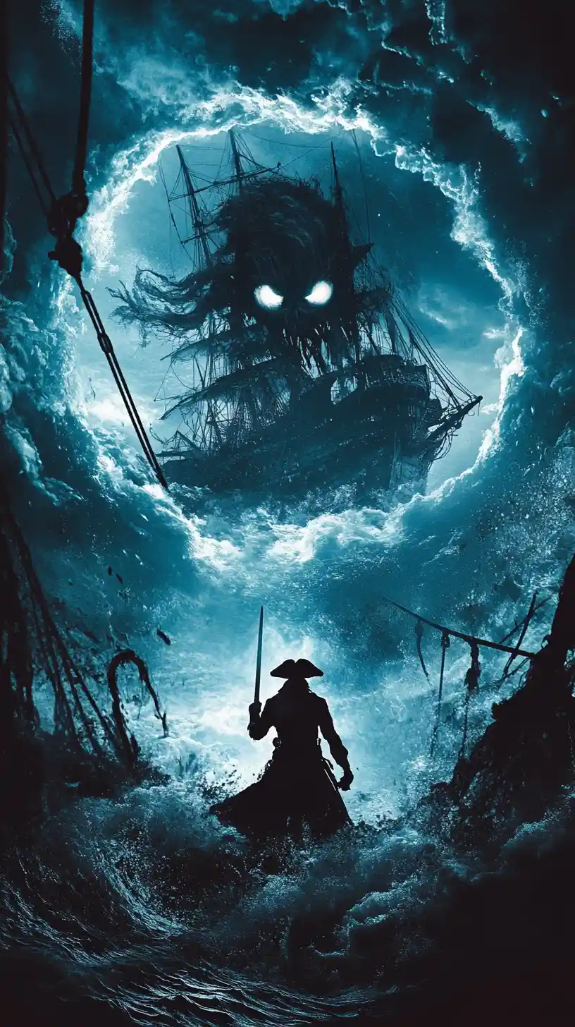 Ghostly pirate captain fused with colossal sea monster