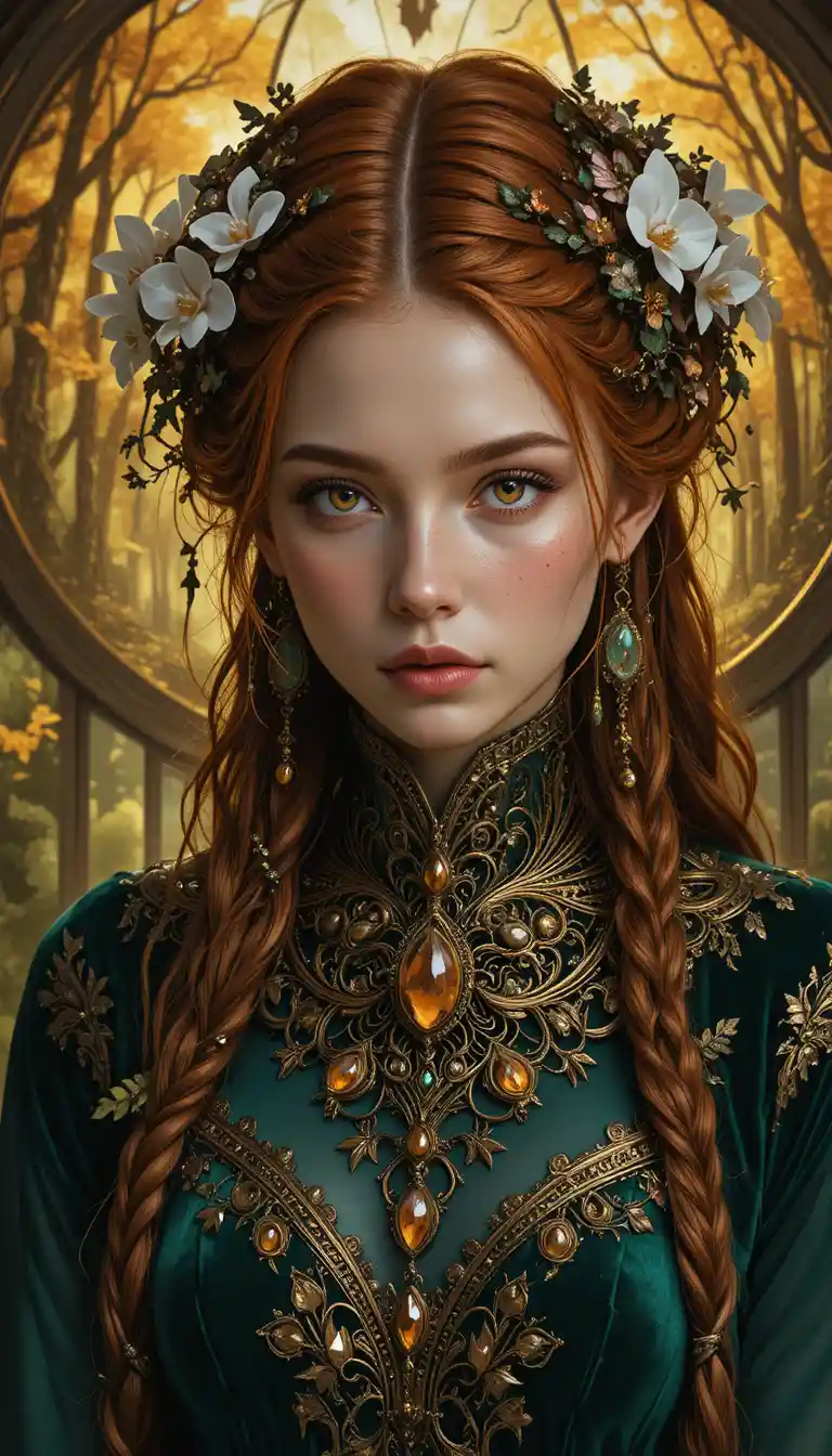 Mythical forest queen before a golden stained glass window