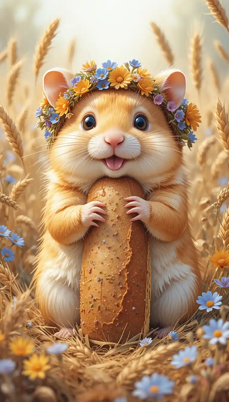 Joyful hamster in a wheat field watercolor illustration