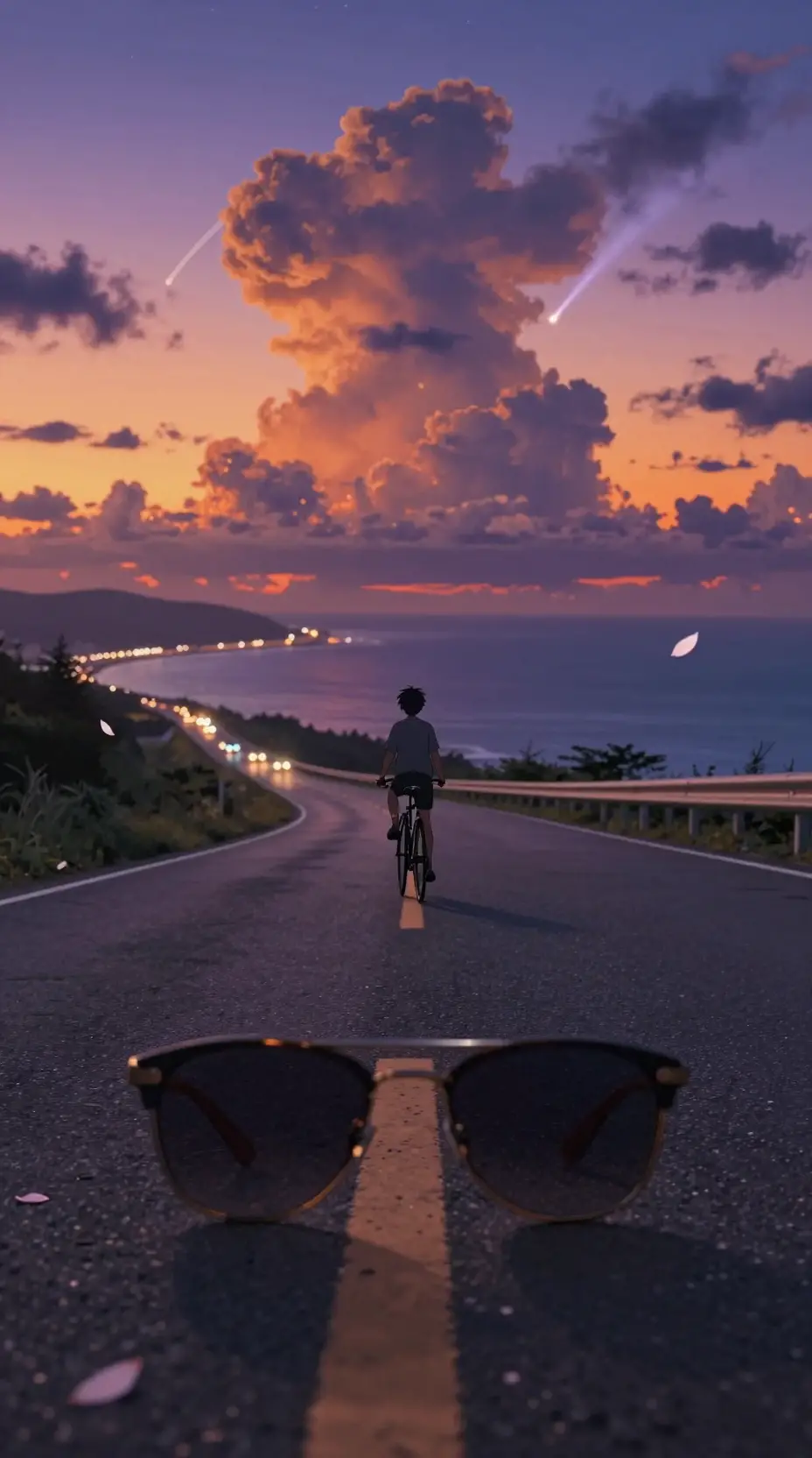 Anime boy on twilight coastal road seen through sunglasses