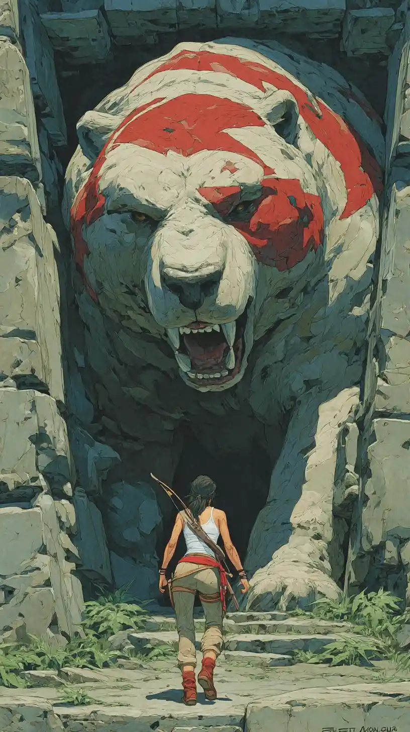 Warrior woman facing a massive bear in dark forest