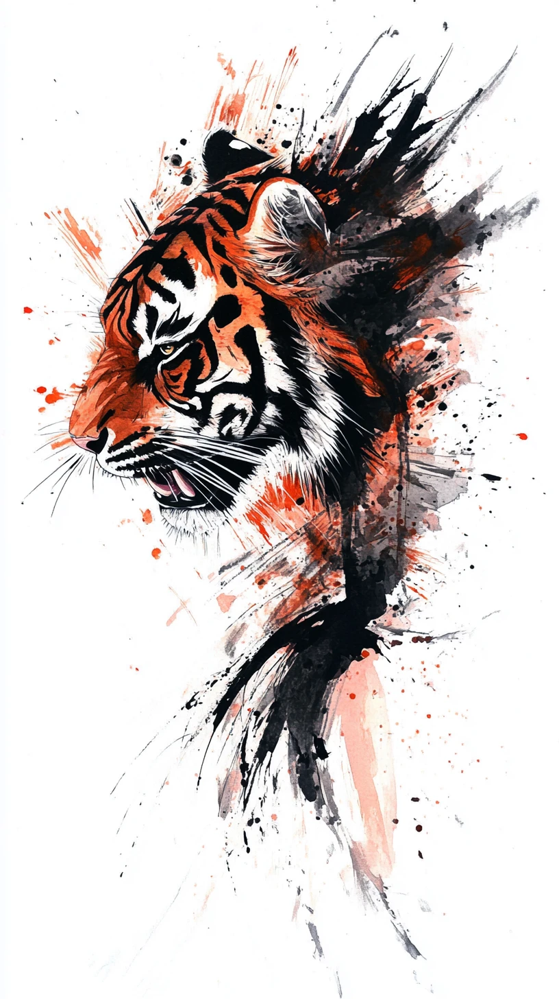 Tiger dissolving into ink and watercolor with airy space