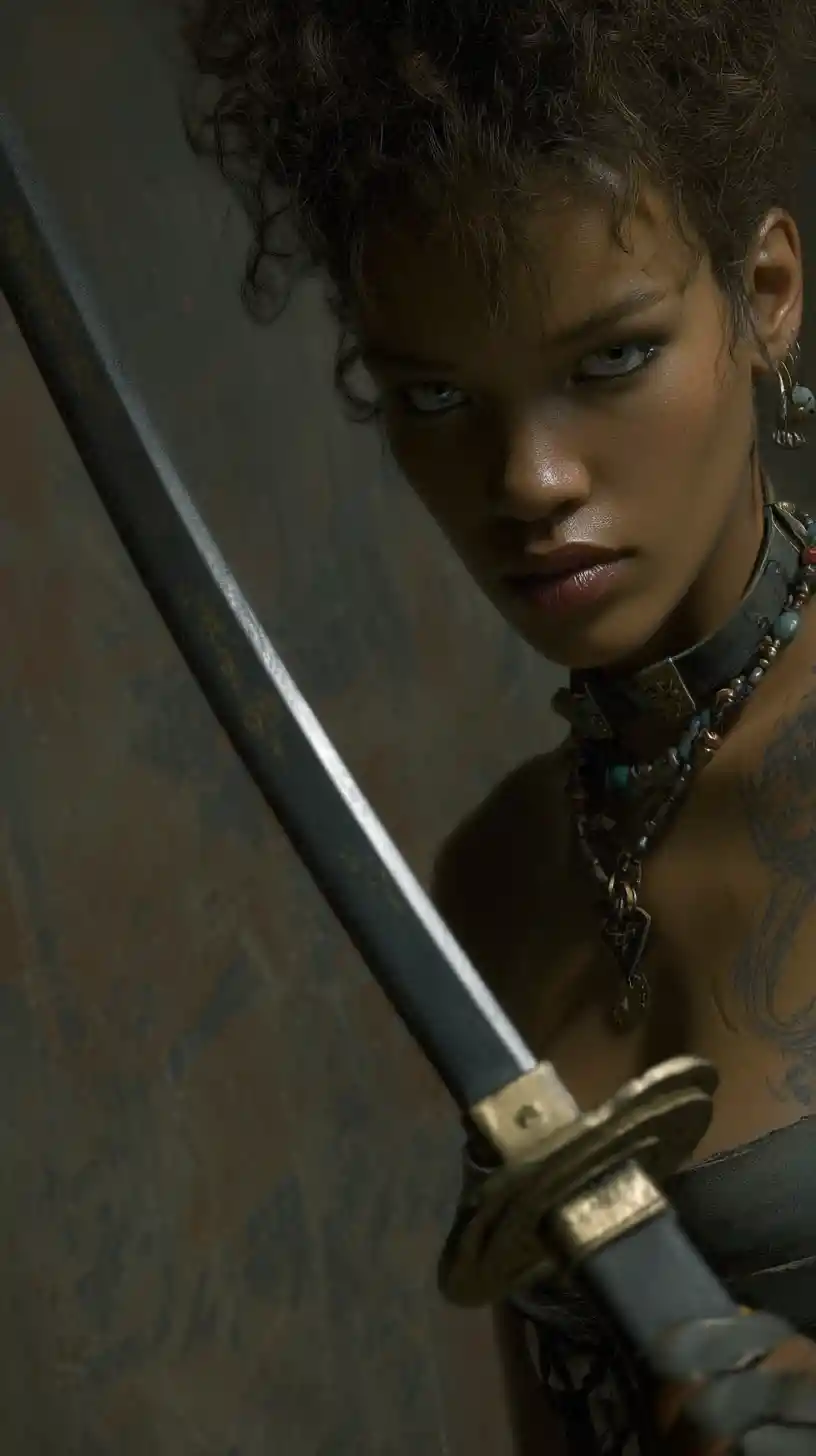 Woman warrior holding a Japanese sword in cinematic light