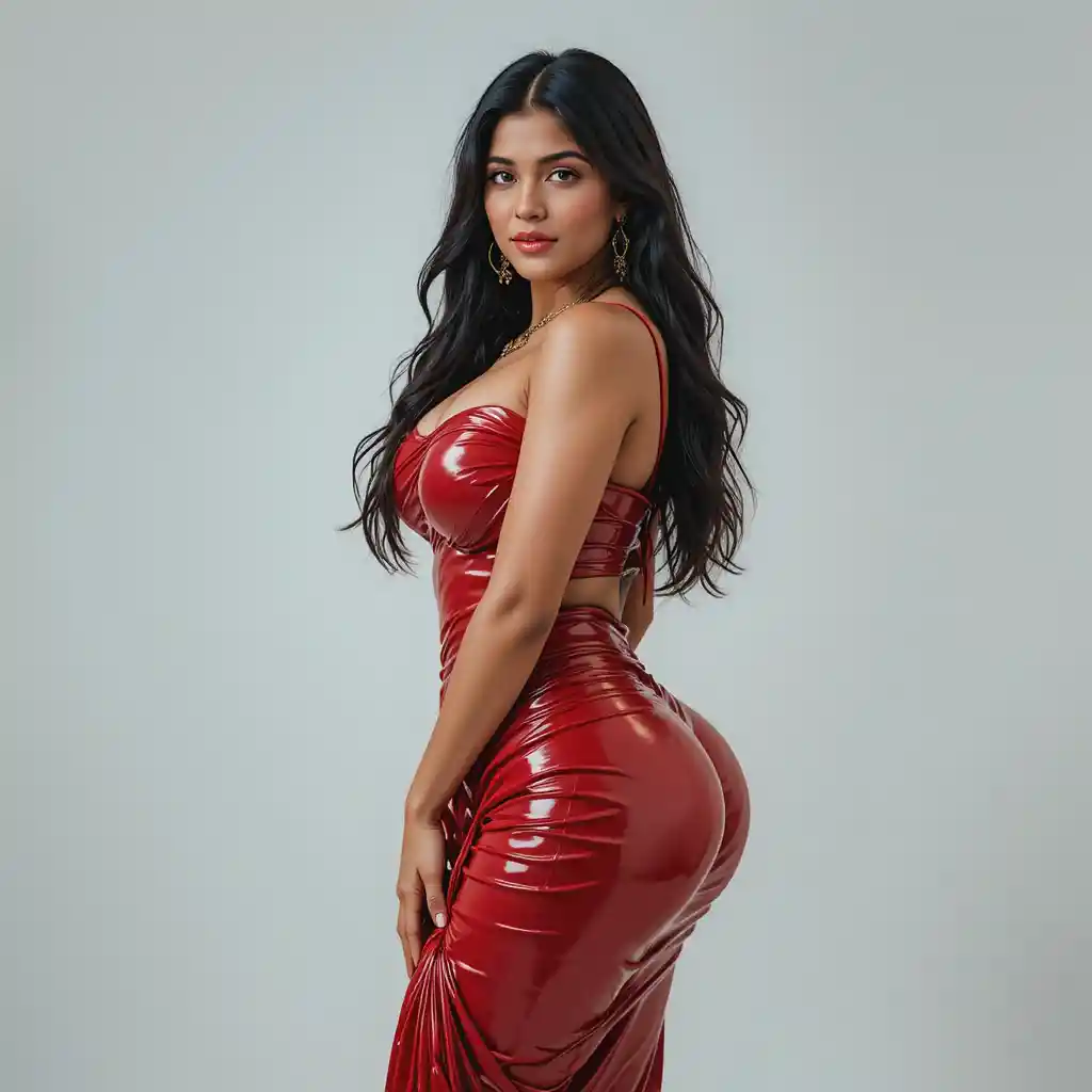 Pakistani woman in latex saree posing in studio