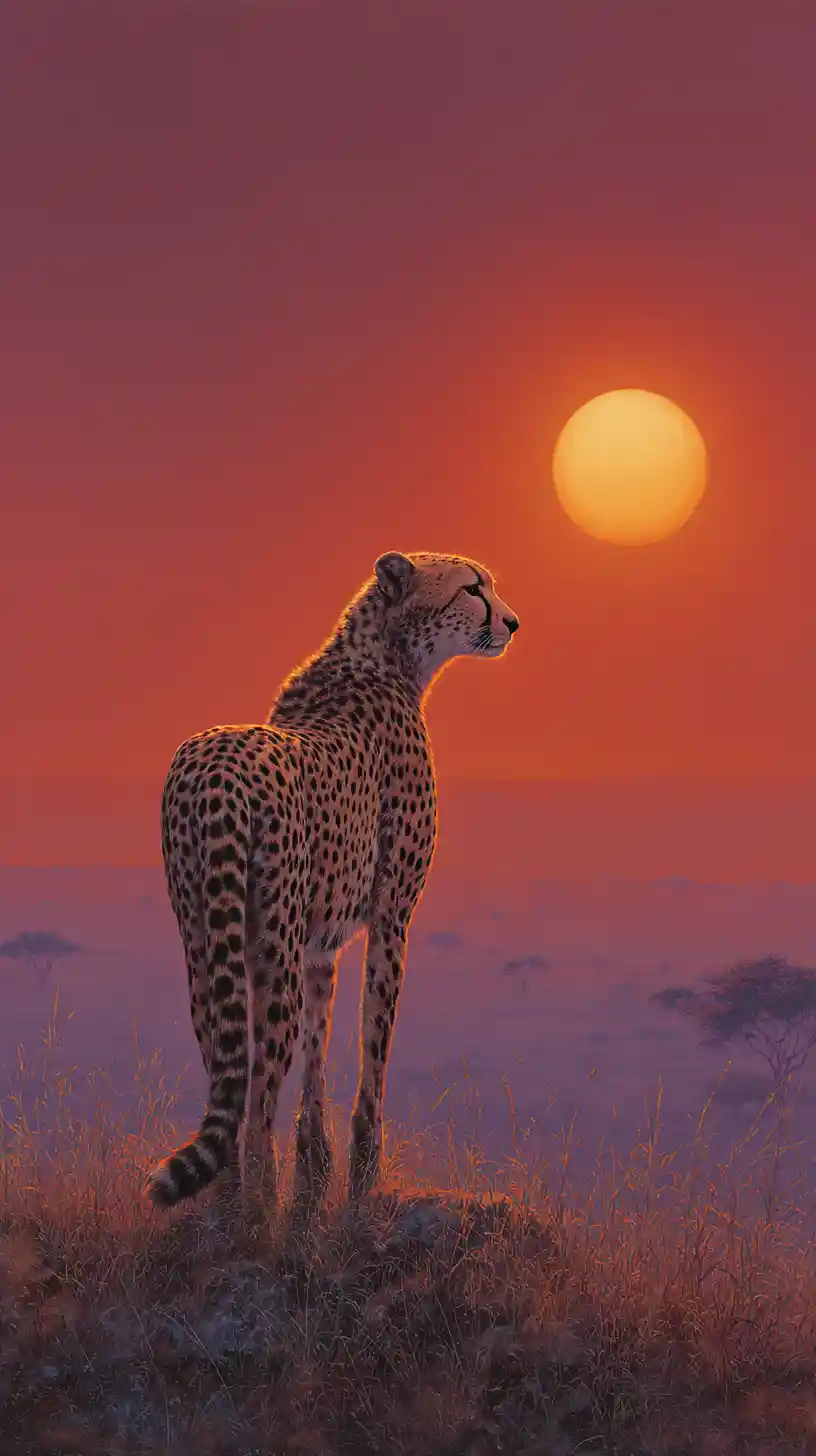 Einsamer Gepard auf Savannenrücken im Einklang mit der untergehenden Sonne
