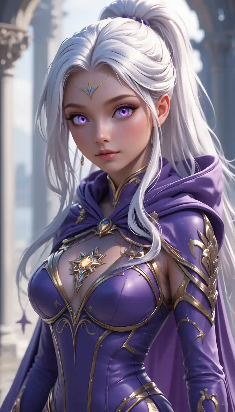 Elegant anime time mage girl in ornate violet robes