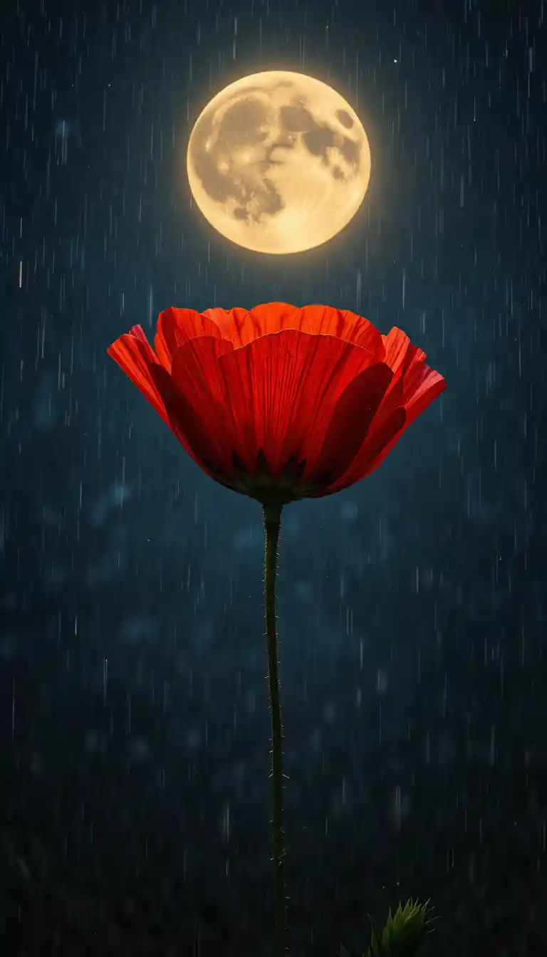 Red poppy glowing under a moonlit rainy night sky