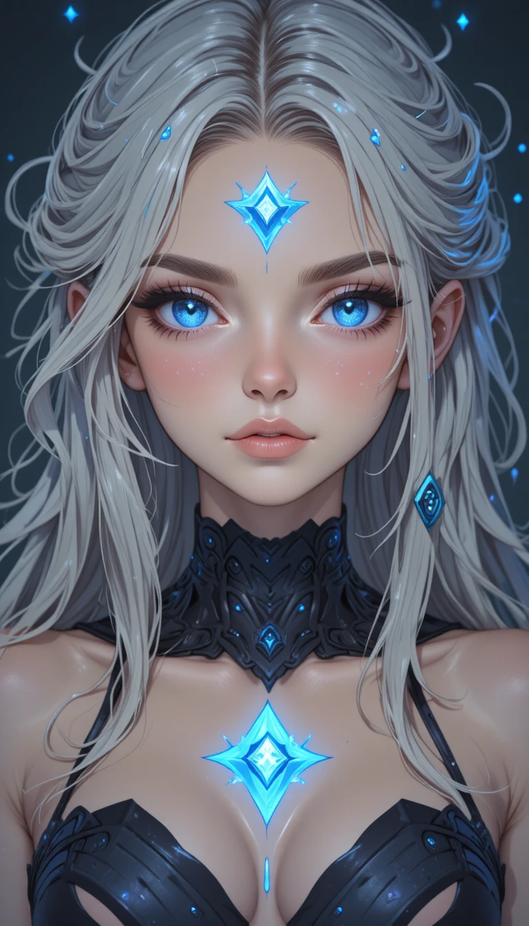 Junges Anime-Mädchen mit silbernen Haaren und leuchtend blauen Augen