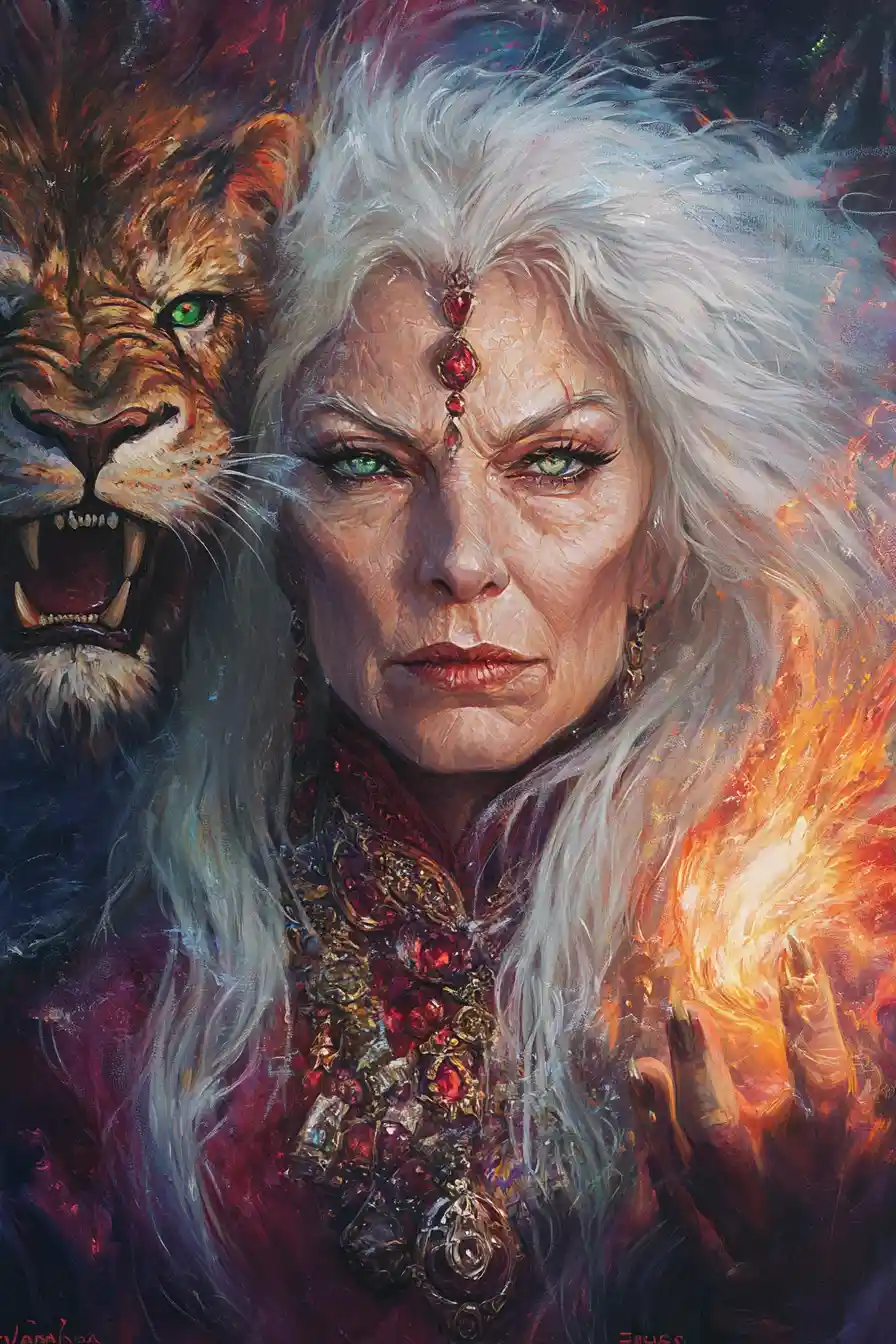 Older mage conjuring a fiery lion of white and orange