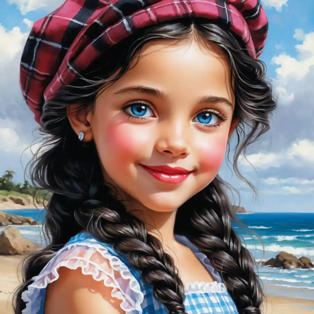 Smiling Girl With Curly Black Hair In Plaid Summer Outfit