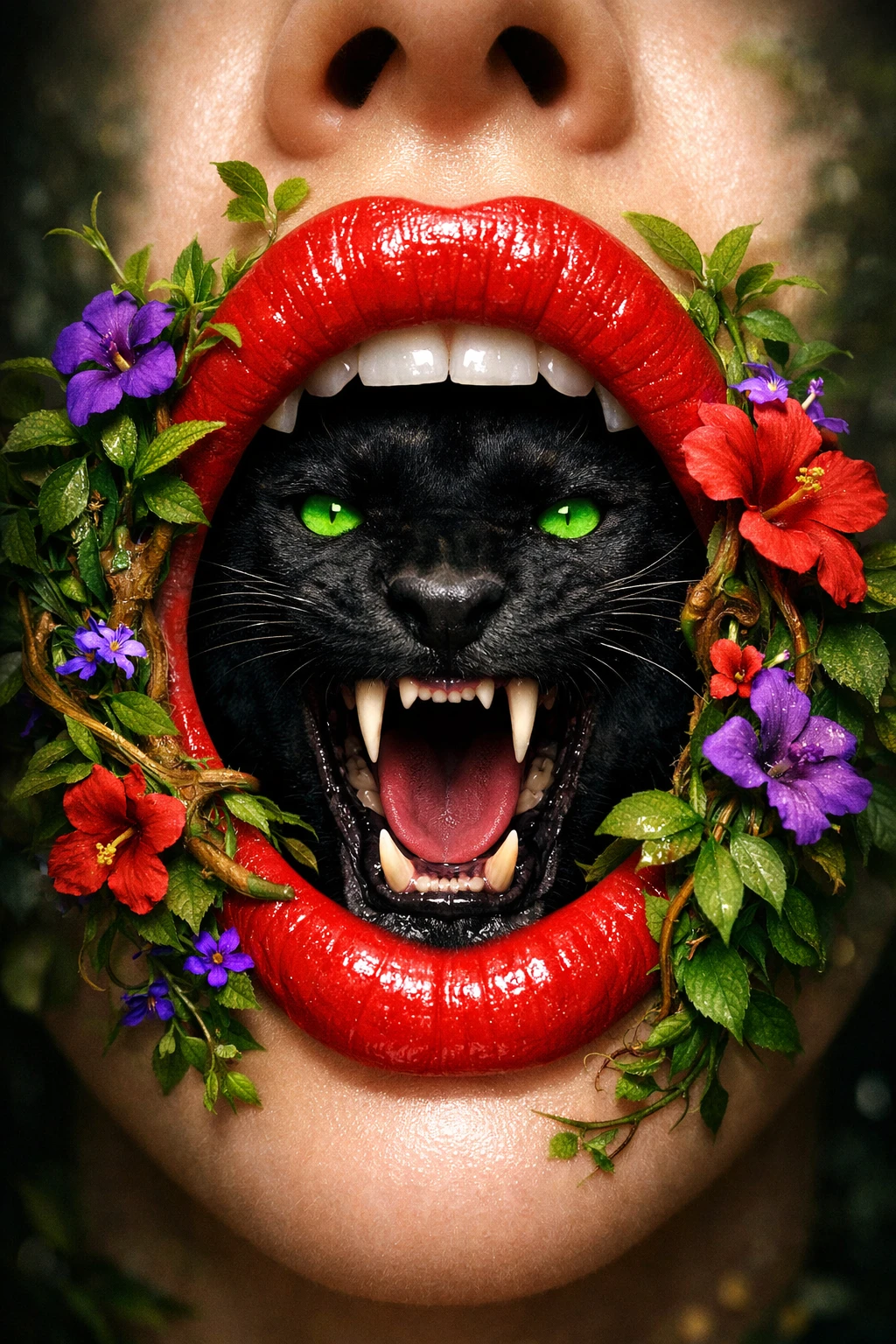 Surreal close up of red lips with a black panther emerging