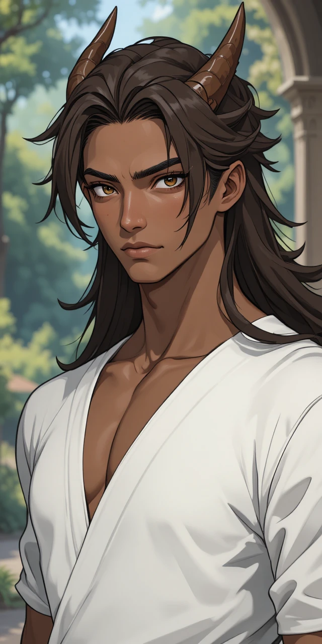Hombre de anime de piel morena con cuernos de dragón y túnica blanca