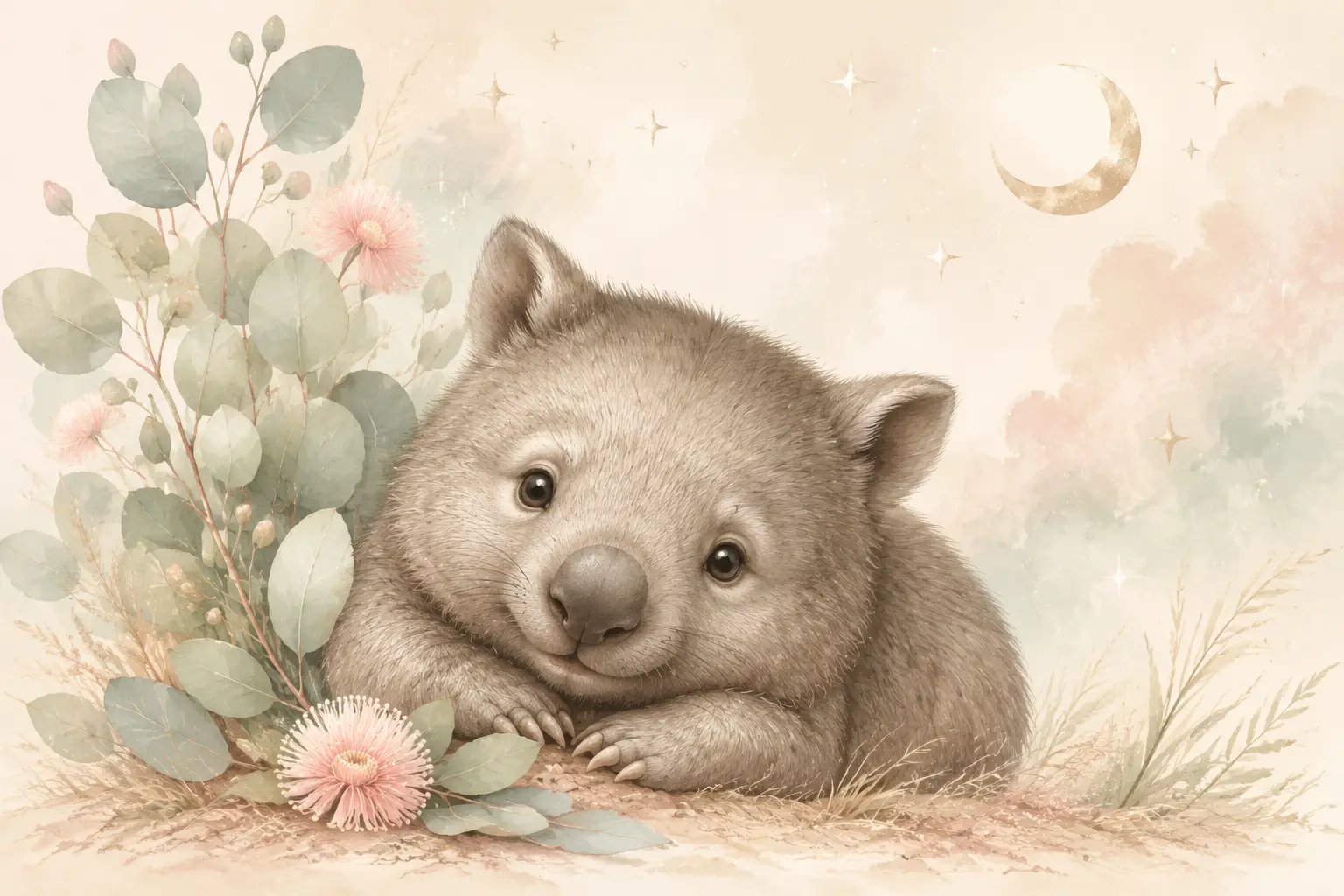 Ilustración de tierno wombat bebé para nursery con eucalipto