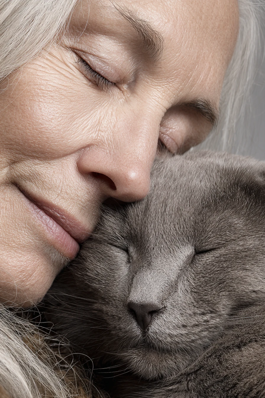Retrato en Primer Plano Sereno de Mujer con Gato Gris