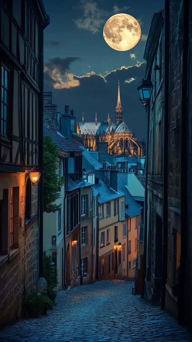 Narrow cobblestone street in a gothic European night scene
