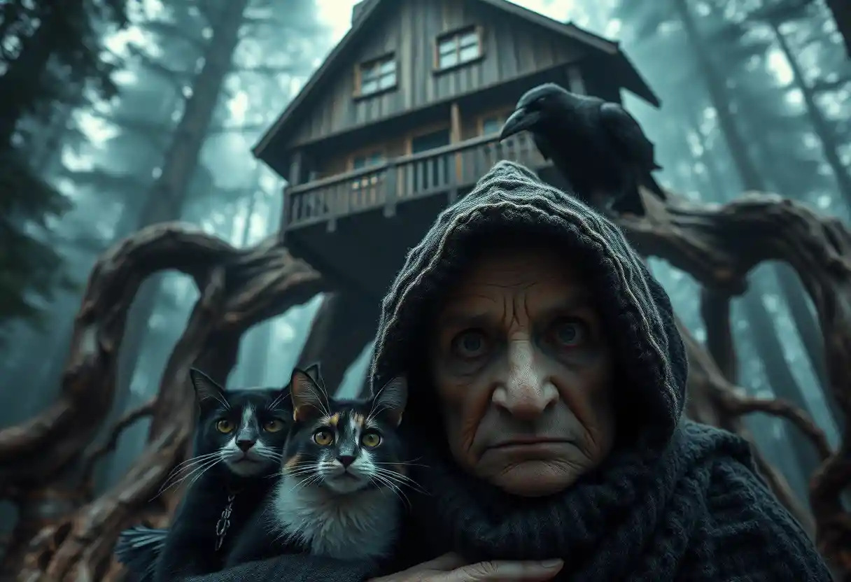 Ancient hooded woman with cat and raven before walking cottage