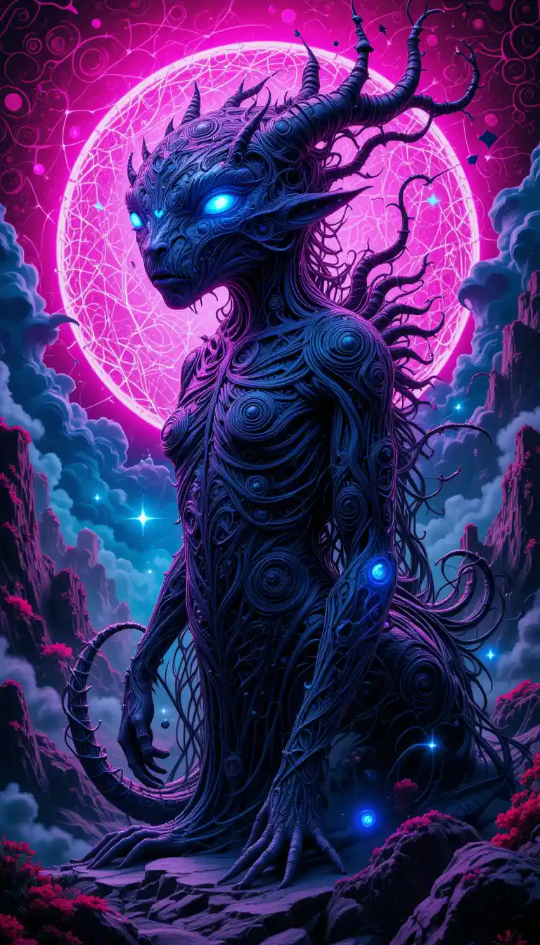 Mythical creature with neon engravings in surreal pop art