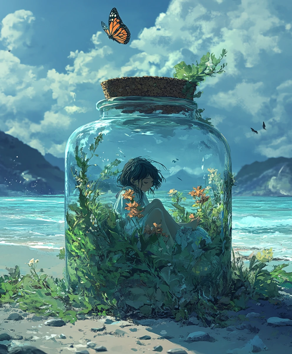 Melancholic girl in a glass jar on a quiet beach