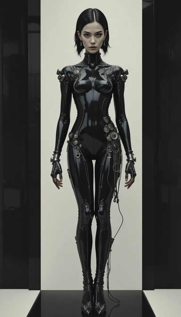 Donna cyborg pin-up vintage surreale con sfondo geometrico