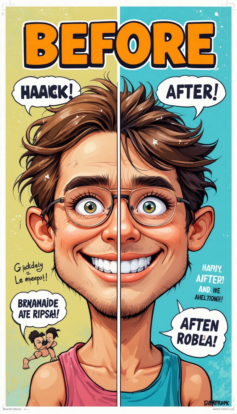 Humorous cartoon before and after vacation meme poster design